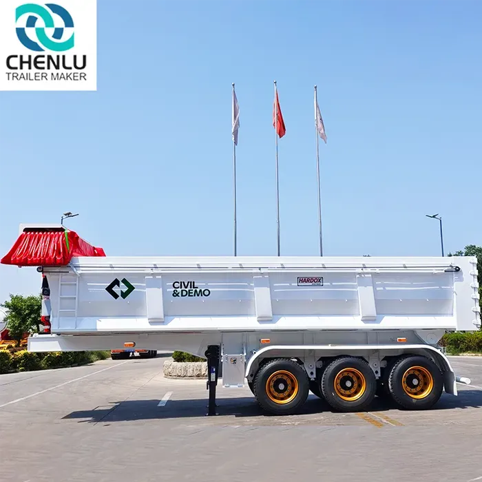 Delivering a white dump trailer with electric tarpaulin to customers and showing the factory