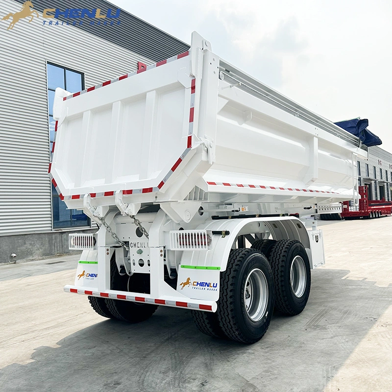 Rear three-quarter view of the tandem axle rear dump trailer